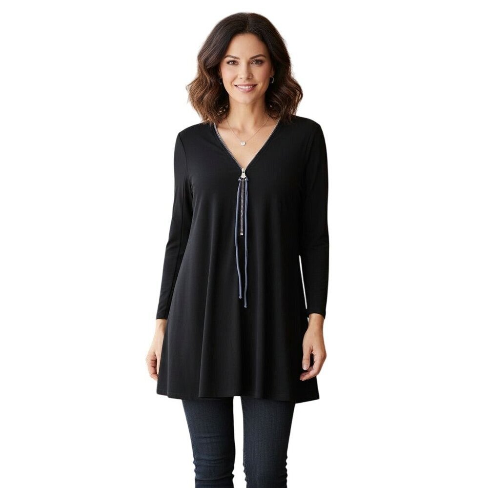 Vecceli Italy Black Zip Detail V Neck Long Sleeve Black Tunic Slit Sleeve Size M